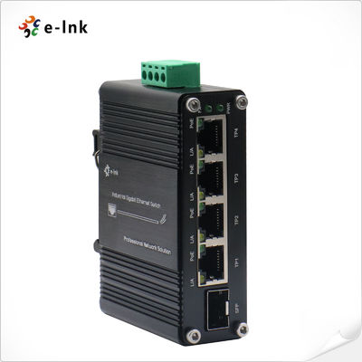 Mini Industrial Switch Ethernet de 4 Puertos 10/100/1000T 802.3at PoE + 1 Puerto 100/1000X SFP con Entrada de 12~48VDC y Amplificador de Voltaje
